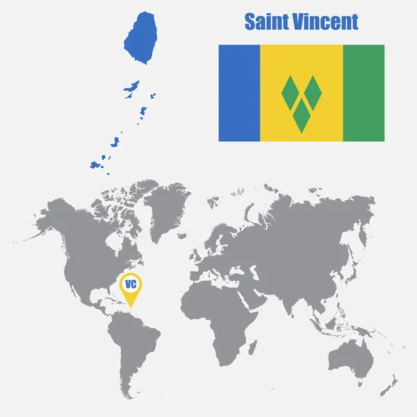 Mapa de São Vicente em um mapa do mundo com bandeira e ponteiro do mapa. Ilustração vetorial — Vetor de Stock