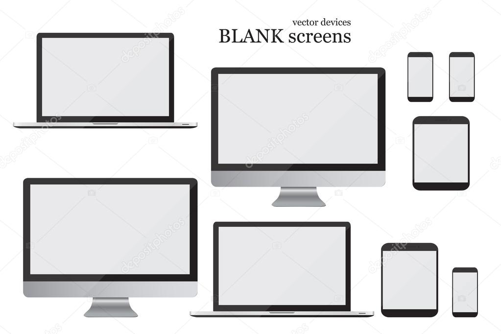 Set monitor, laptop, tablet and mobile phone. Blank screens. Vector illustration EPS10