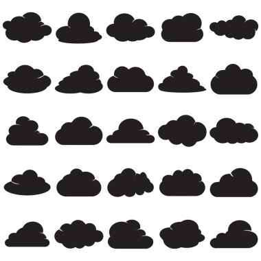 Bulutlar siluetleri. Vektör bulutlar şekilleri ayarla. Çeşitli form ve kontür topluluğu. Tasarım öğeleri için hava tahmini, web arayüzü ya da bulut depolama uygulamaları. Vektör çizim