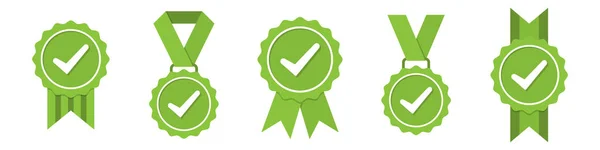 Ensemble Icônes Médailles Vertes Approuvées Certifiées Dans Dessin Plat — Image vectorielle