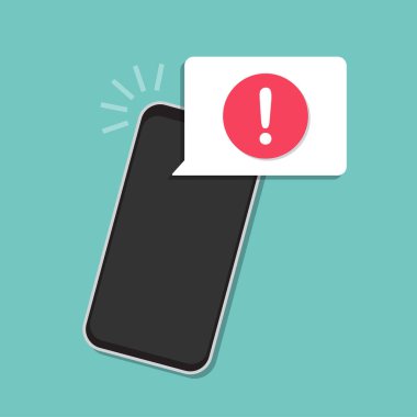 Düz dizaynda akıllı telefon uyarısı hatası. Vektör illüstrasyonu