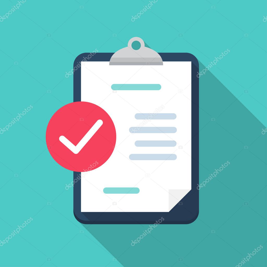 Clipboard with check review document in a flat design with long shadow