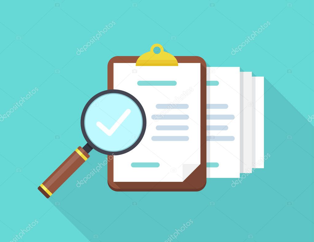 Audit documents with magnifying glass and check in a flat design with long shadow