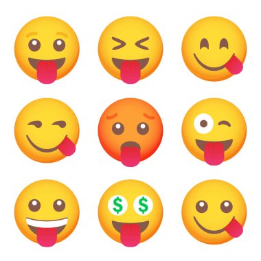 Dil ikonlarının gülümseme simgeleri. Çizgi film emoji seti. Vektör duygu simgesi ayarlandı