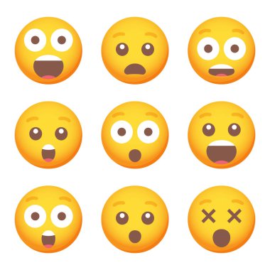 Sürpriz gülümseme simgeleri seti. Çizgi film emoji seti. Vektör duygu simgesi ayarlandı