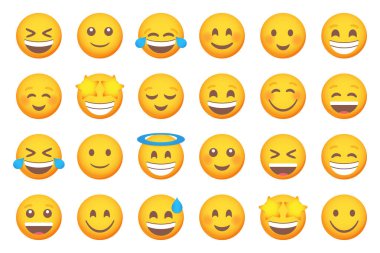 Bir dizi gülen yüz gülümseme ikonu. Çizgi film emoji seti. Vektör duygu simgesi ayarlandı