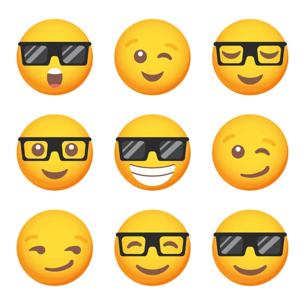 Set Van Glazen Knipoog Emoticon Glimlach Pictogrammen Cartoon Emoji Set — Stockfoto