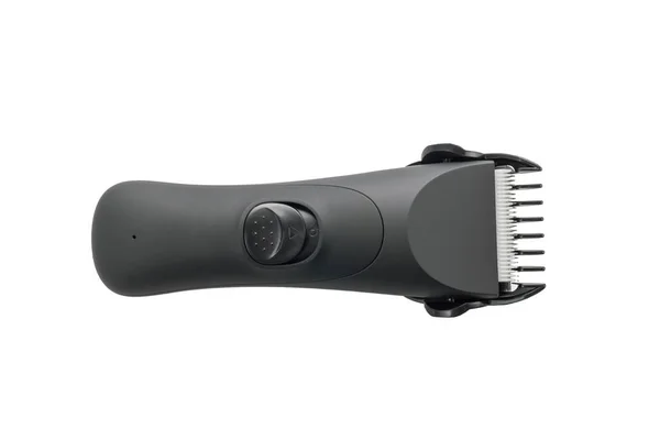 Geniş, modern bir siyah vücut saç kesme makinesi ya da saç kesme makası, tepeden tırnağa bakıldığında, beyaz arka planda izole edilmiş..