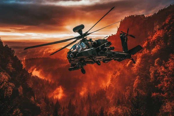 Helicóptero Ataque Americano Vuela Sobre Hermoso Paisaje — Foto de Stock