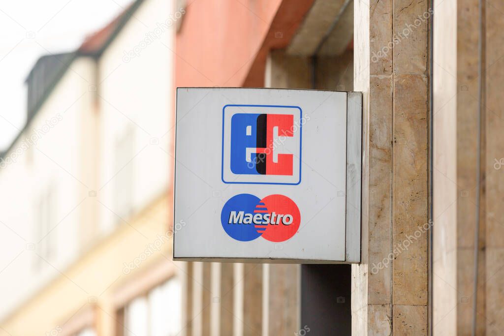 PASSAU / GERMANY - NOVEMBER 8, 2020: Branch logo of Euro Cash and Maestro. Euro Cash, Girocard is an interbank network and debit card service connecting virtually all German ATMs and banks