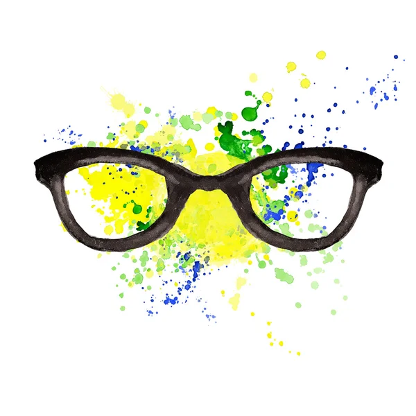 Watercolor hand-drawn illustration of hipster and aviator style glasses on background watercolor stains. — Stock Photo, Image