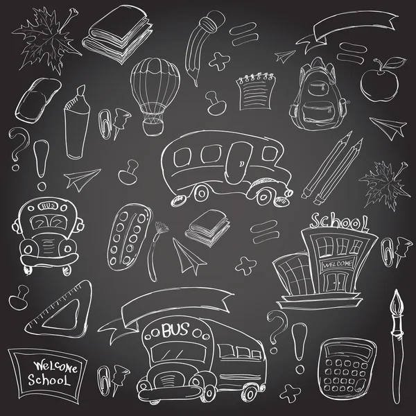 Bienvenidos de nuevo al aula de la escuela Suministros Notebook Doodles — Vector de stock