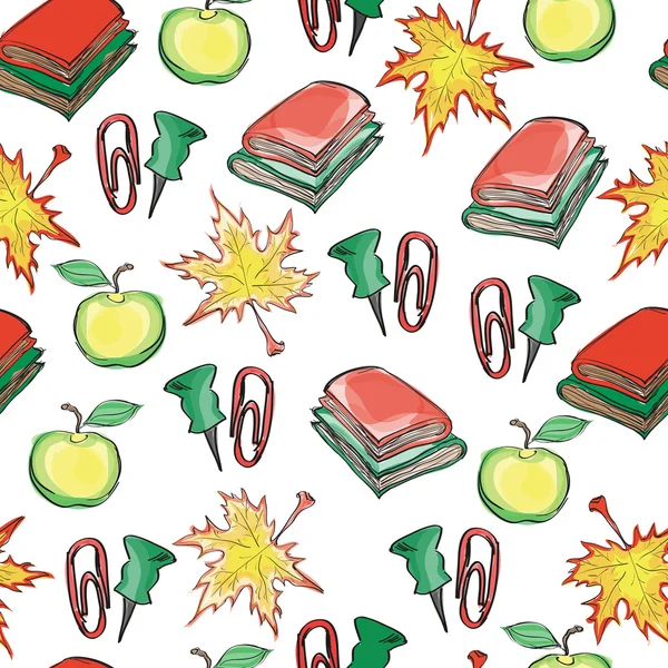 秋の葉、リンゴ、本、クリップ手描画学校シームレス パターン. — ストックベクタ