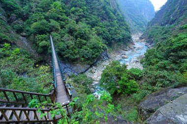 Xiulin, Hualien, Tayvan 'daki Taroko Ulusal Parkı' ndaki Swallow Grotto Trail Yanzikou yakınlarında Zhuilu Askı Köprüsü