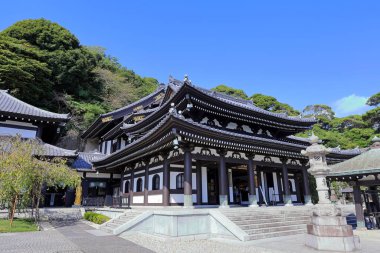 Hasedera, bir Budist tapınağı ve Kamakura, Kanagawa, Japonya 'da Kannon tanrısının devasa ahşap heykeli ile bahçeler.