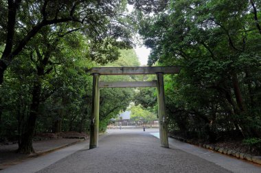 Atsuta jingu tapınağı, Jingu, Atsuta Ward, Nagoya, Aichi, Japonya 'da selvi ağaçlarıyla çevrili saygıdeğer bir Shinto tapınağı.