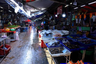 Bangkok, Tayland - 27 Eylül 2024 Khlong Toei Pazarı, meyve, sebze, et ve deniz ürünlerinden tutun da Khlong Toei, Bangkok, Tayland 'da geniş bir taze gıda pazarı.