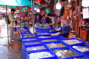 Bangkok, Tayland - 27 Eylül 2024 Khlong Toei Pazarı, meyve, sebze, et ve deniz ürünlerinden tutun da Khlong Toei, Bangkok, Tayland 'da geniş bir taze gıda pazarı.