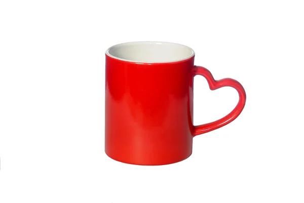 O copo de café vermelho com alça em forma de coração — Fotografia de Stock