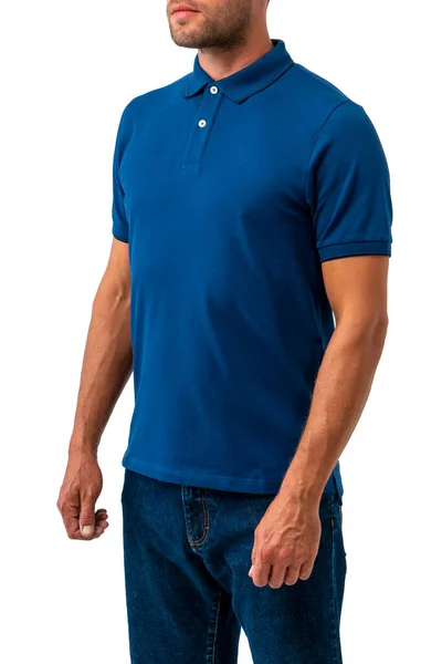 Мужчина Голубой Рубашке Поло Шортах Изолированных Белом Фоне Мужская Футболка — стоковое фото
