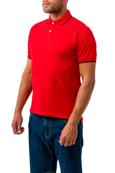 Hombre Con Polo Rojo Pantalones Cortos Aislado Sobre Fondo Blanco —  Fotos de Stock