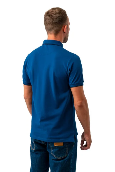 Een Man Een Blauw Polo Shirt Korte Broek Geïsoleerd Een Stockafbeelding