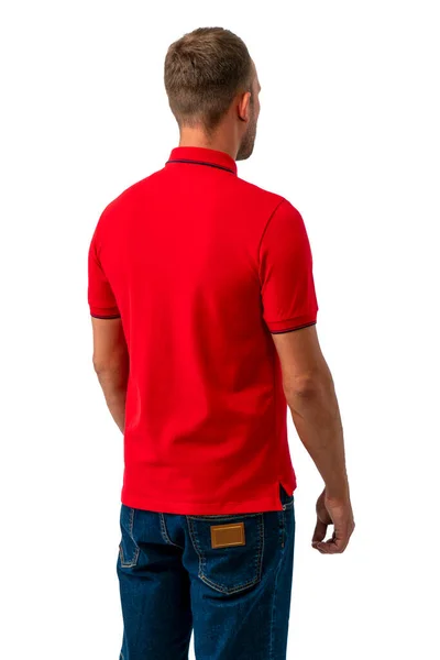 Een Man Een Rood Poloshirt Korte Broek Geïsoleerd Een Witte Stockafbeelding
