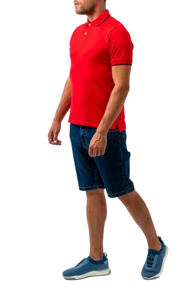 Man Red Polo Shirt Shorts Isolated White Background Man Shirt Royalty Free Stock Photos