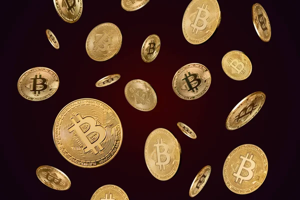 Koyu arkaplanda uçuşan altın renkli, pahalı bitcoin 'ler