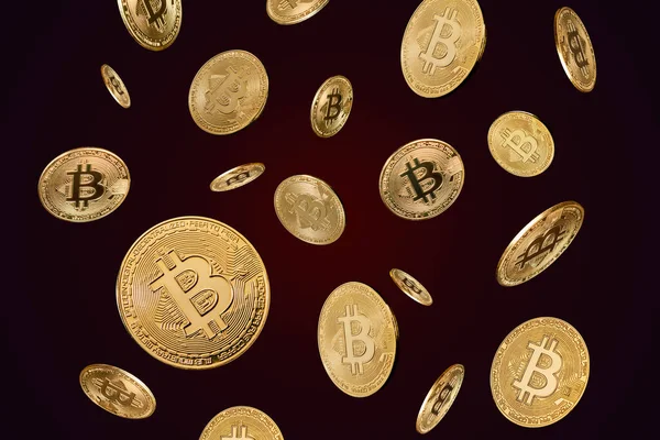 Oro brillante caros bitcoins volando sobre fondo oscuro Imagen de stock
