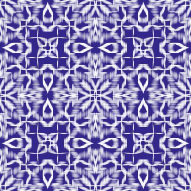 İndigo Mavi ve Beyaz Soyut Ikat Desensiz Doku Tasarımı Geleneksel Etnik Doğulu Tekstil Kumaş Yazdırma Duvar Kağıdı ve Dijital Kağıt