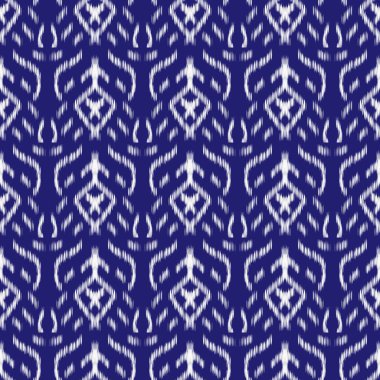 Kumaş Tekstil Baskısı, Duvar Kağıdı ve Modern Küresel Bohem Tasarımı için İndigo Mavi ve Beyaz Ikat Kusursuz Desensiz Dijital Arkaplan.