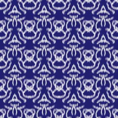 Kumaş Tekstil Baskısı, Duvar Kağıdı ve Modern Küresel Bohem Tasarımı için İndigo Mavi ve Beyaz Ikat Kusursuz Desensiz Dijital Arkaplan.