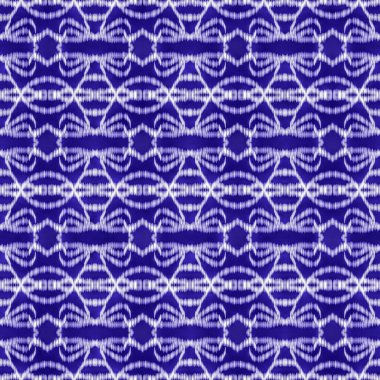 Geleneksel Indigo Mavi ve Beyaz Kusursuz Desen, Soyut Ikat Tie-Dye Tekstil Arkaplanı Geometrik ve Çiçek Etnik Motifleri ile