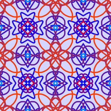 Tekstil ve Dijital Duvar Kağıdı Tasarımı için Geometrik Soyut Mandala Şekilleriyle Canlı Renkli Simetrik Desensiz Desenli Arkaplan