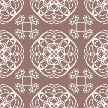 Beyaz filigran çizgisi sanat süsü ve zarif duvar kâğıdı, klasik kumaş tekstili ve dekoratif sınır tasarımı için kahverengi zemin üzerinde mandala şekilleri olan kusursuz lüks geometrik desen..