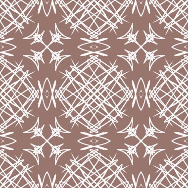 Zarif duvar kâğıdı, klasik kumaş tekstili ve dekoratif sınır tasarımı için kahverengi zemin üzerinde beyaz geometrik mandala çizgisi sanat süsü bulunan lüks, pürüzsüz desensiz arka plan..