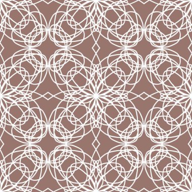 Zarif duvar kâğıdı, klasik kumaş tekstili ve dekoratif sınır tasarımı için kahverengi zemin üzerinde beyaz geometrik mandala çizgisi sanat süsü bulunan lüks, pürüzsüz desensiz arka plan..