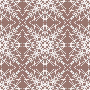 Zarif duvar kâğıdı, klasik kumaş tekstili ve dekoratif sınır tasarımı için kahverengi zemin üzerinde beyaz geometrik mandala çizgisi sanat süsü bulunan lüks, pürüzsüz desensiz arka plan..