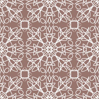 Zarif duvar kâğıdı, klasik kumaş tekstili ve dekoratif sınır tasarımı için kahverengi zemin üzerinde beyaz geometrik mandala çizgisi sanat süsü bulunan lüks, pürüzsüz desensiz arka plan..