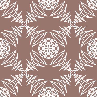 Zarif duvar kâğıdı, klasik kumaş tekstili ve dekoratif etnik çiçek tasarımı için kahverengi zemin üzerinde beyaz geometrik mandala çizgisi sanat süsü bulunan lüks, pürüzsüz desenli arka plan..
