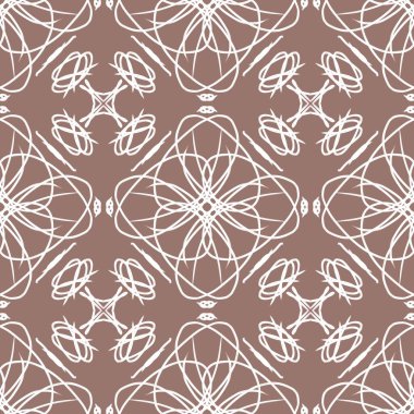 Zarif duvar kâğıdı, klasik kumaş tekstil ve dekoratif mandala fon tasarımı için kahverengi zemin üzerinde beyaz filigran çizgisi sanat süsü bulunan lüks, dikişsiz geometrik desen..