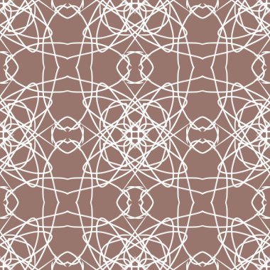 Zarif duvar kâğıdı, klasik kumaş tekstil ve dekoratif mandala fon tasarımı için kahverengi zemin üzerinde beyaz filigran çizgisi sanat süsü bulunan lüks, dikişsiz geometrik desen..