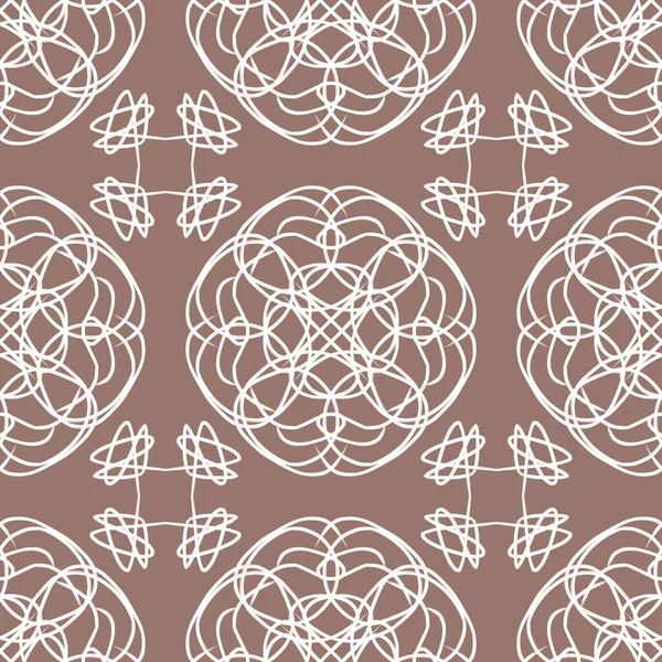 Beyaz filigran çizgisi sanat süsü ve zarif duvar kâğıdı, klasik kumaş tekstili ve dekoratif sınır tasarımı için kahverengi zemin üzerinde mandala şekilleri olan kusursuz lüks geometrik desen..