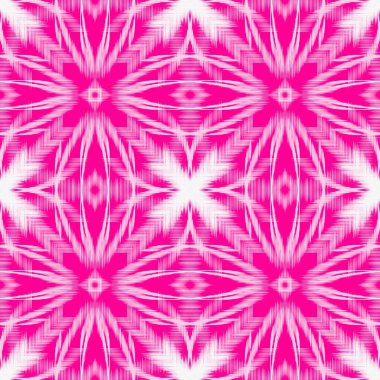 Sıcak Pembe ve Beyaz Ikat Geometrik Desensiz Desen, Soyut Kabile Yıldızı Süsleme Kumaşı Dokuma Arkaplanı, Tekstil Moda ve Duvar Kağıdı için Modern Magenta Etnik Vektör İllüstrasyonu.