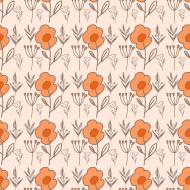 Duvar kağıdı, tekstil ve ambalaj kağıdı için bej arka planda elle çizilmiş portakal çiçekleri ve botanik yapraklarla kusursuz desen..