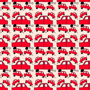 Çocuklar için krema arkaplanına kusursuz el çizimi kırmızı araba karalamaları kumaş ambalaj kağıdı ve duvar kağıdı tasarımı.
