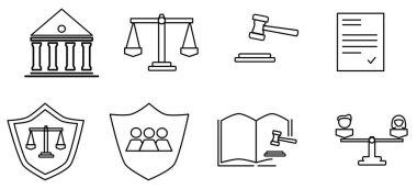Bu vektör dijital varlık paketi 8 temel sembolü içeriyor: adliye binası, klasik adalet terazisi, hakimin tokmağı, onaylanmış sözleşme belgeleri, yasal koruma kalkanları ve cinsiyet eşitliği terazileri..