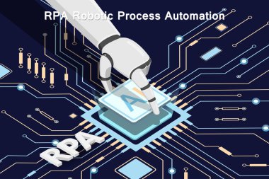 RPA Robotik Süreç Otomasyonu. Yazılı devre kartı. Mikroçip. Robot tahtaya bir mikroişlemci yerleştirir. Vektör illüstrasyonu.