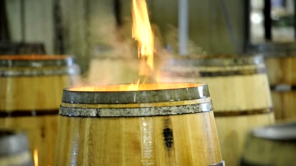 Las llamas que surgen del barril de madera y el hombre remueven el fuego para la producción del barril de vino . — Vídeos de Stock